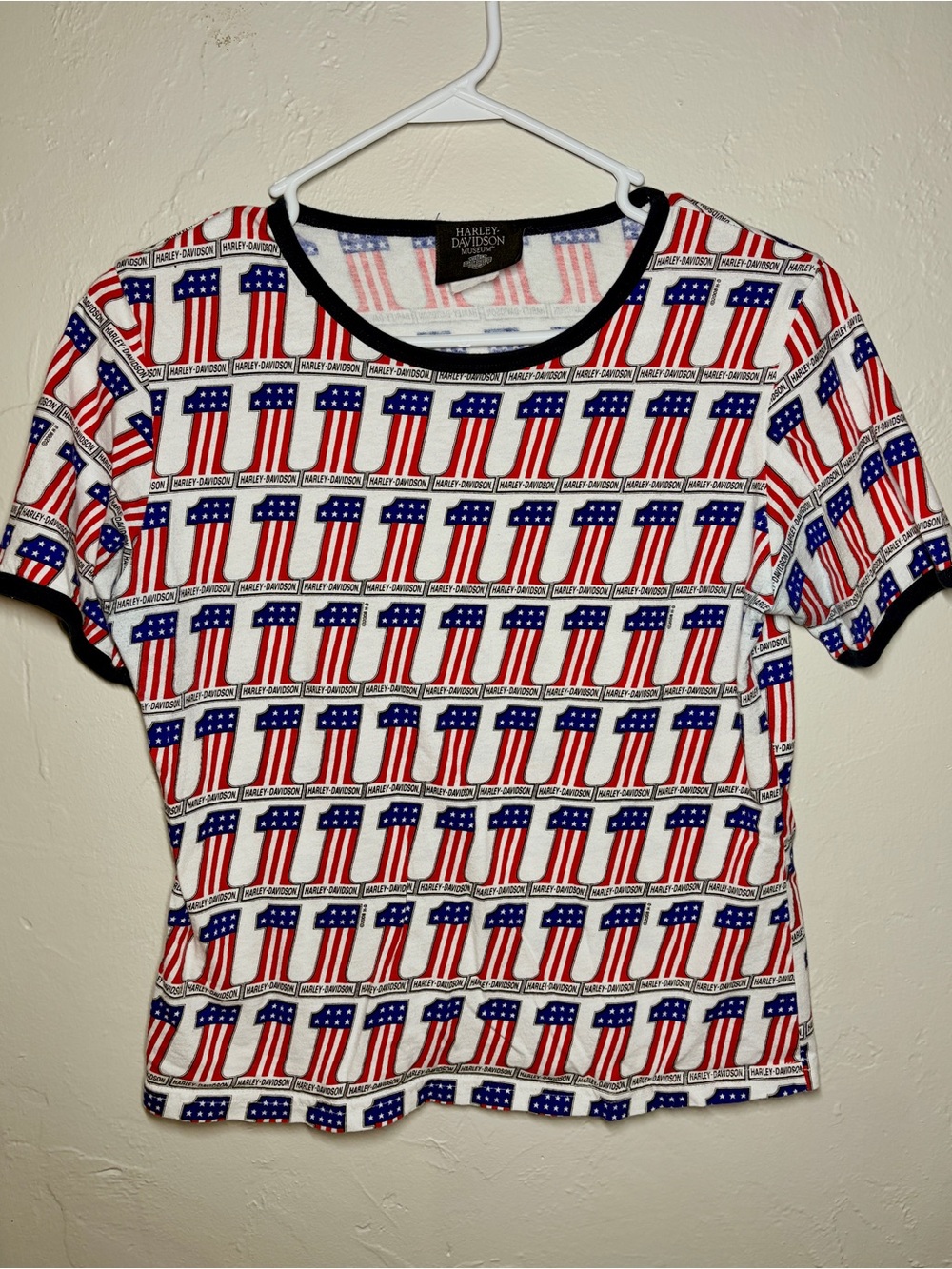 Harley Davidson Museum All Over Print Shirt M American Flag #1 Ringer Tee AOP